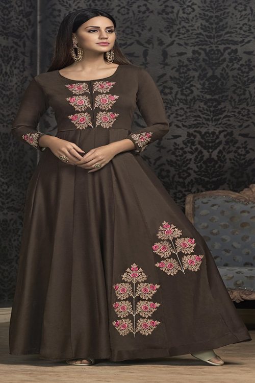 Brown Musline Heavy Thread Embroidered on Neck, Sleeve & Daman with ...