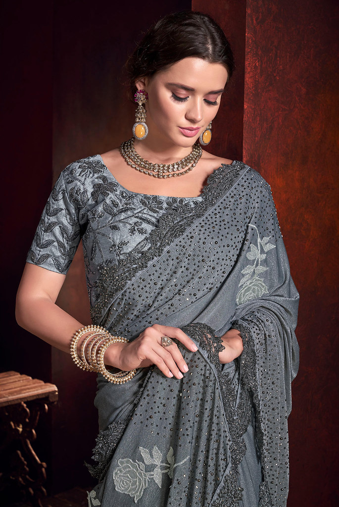 Grey Imported Heavy Embroidered Zari and Moti Work Saree with Blouse ...