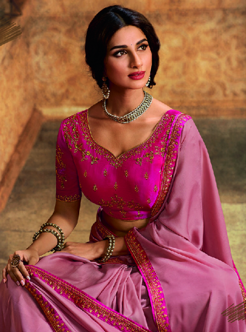 Pink Silk Plain and Emboirdered Lace Border Saree with Embroidered Blouse