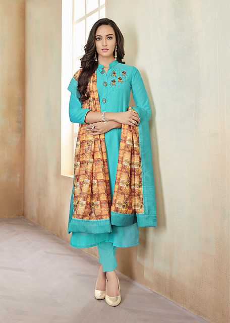 SkyBlue Jam Cotton Hand Work and Embroidered Butta Work with Digital Print Dupatta