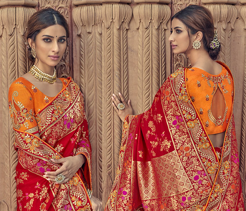 Red Banarasi Silk Weaving Jacquard Saree With Embroidered Blouse Brithika Luxury Fashion 