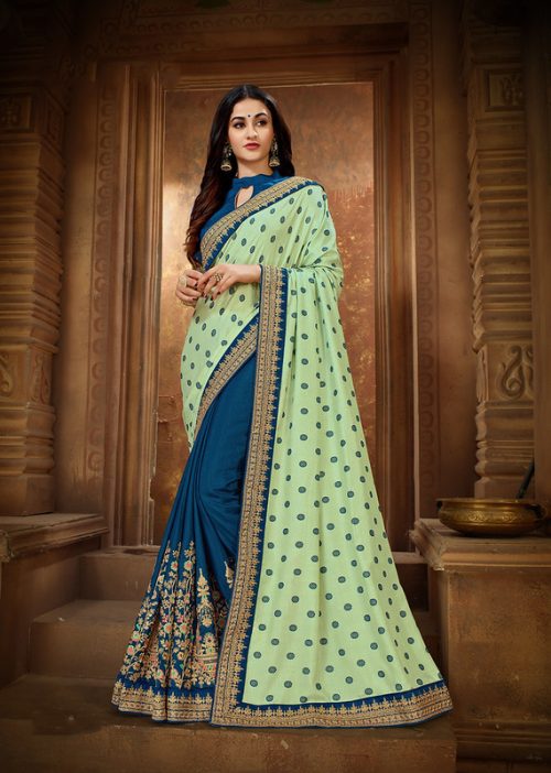 Pista Green & Blue Heavy Thread and Zari Embroiderey Saree with Blouse