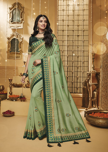 Pista Green Designer Dola Silk Saree With Embroidered Blouse