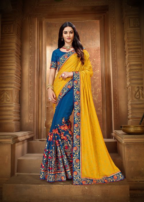 Yellow & Blue Heavy Thread and Zari Embroiderey Saree with Blouse