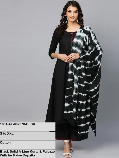 Black Solid A-Line Kurta & Palazzo With Tie & Dye Dupatta