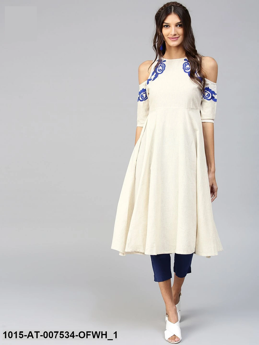 Brithika Latest Cotton Cold Shoulder Embroidered Off White Anarkali BRITHIKA Luxury Fashion