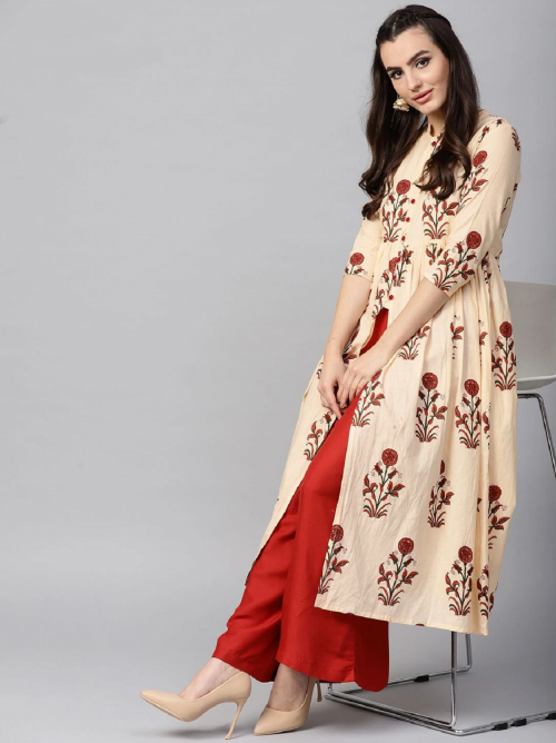 Cream Floral Printed A-Line Kurta