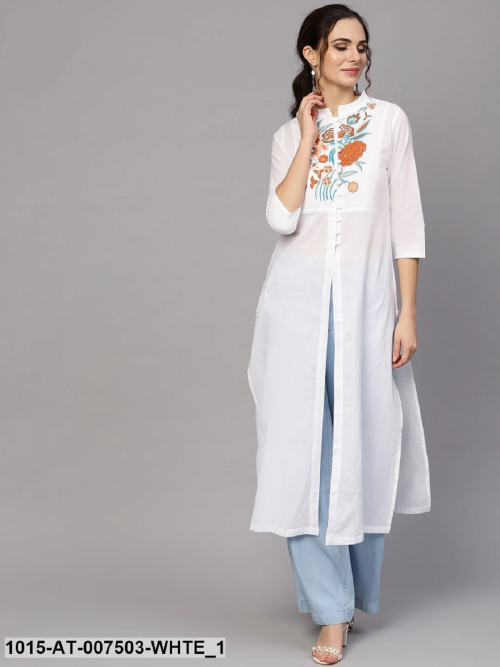 White Embroidery Front & Side Slit Kurta