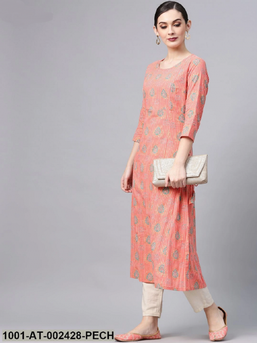 Peach Gold Printed A-Line Kurta