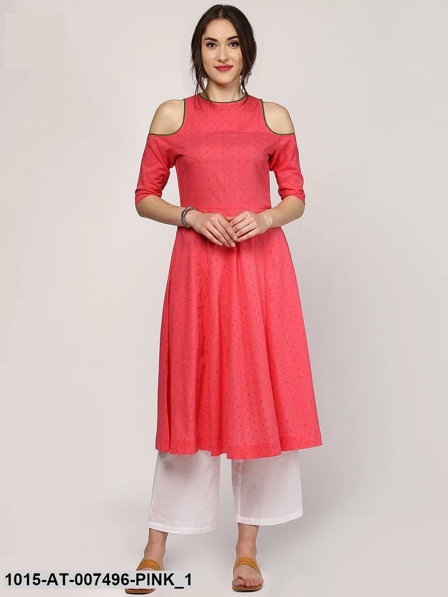 Brithika Cotton Latest Pink Dotted Cold Shoulder Anarkali Kurta ...