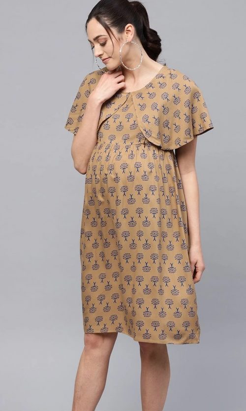 Khaki Printed A-Line Maternity Dress Kurti Kurta