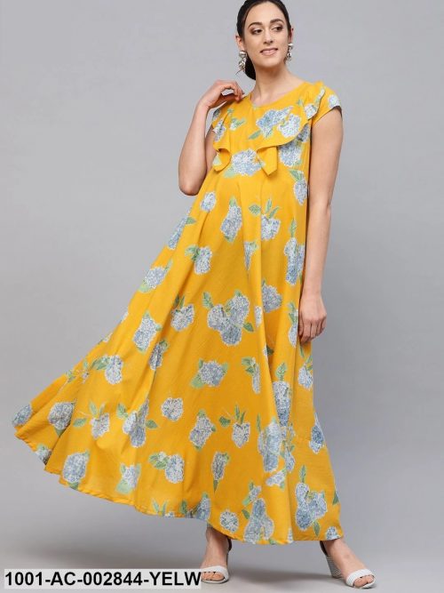 Yellow Cotton Floral Printed Flared Maternity Maxi Dress Kurti Kurta