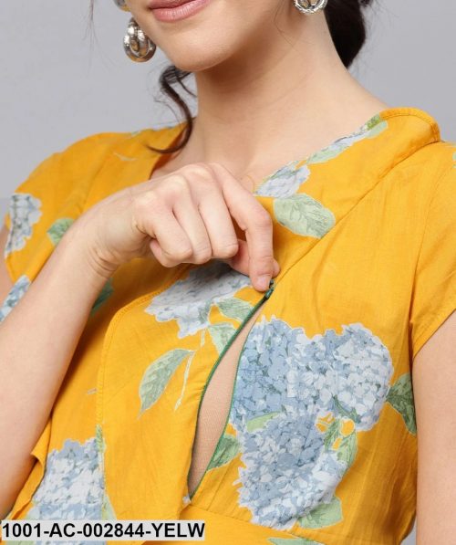 Yellow Cotton Floral Printed Flared Maternity Maxi Dress Kurti Kurta