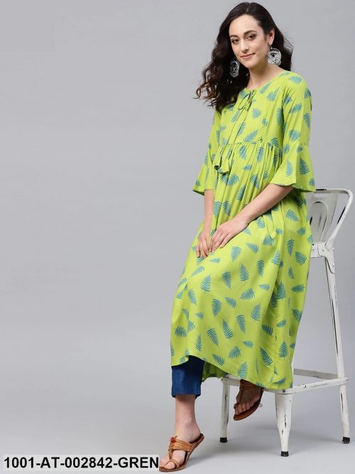 Green Printed Pleated Maternity Maxi Dress Kurti Kurta