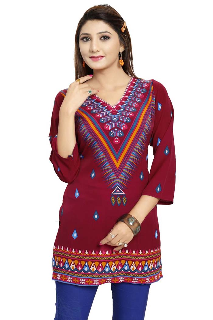 Brithika Maroon Printed Faux Crepe Womens Short Kurti Tunic » BRITHIKA ...